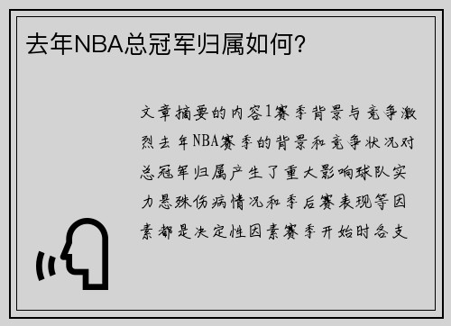 去年NBA总冠军归属如何？